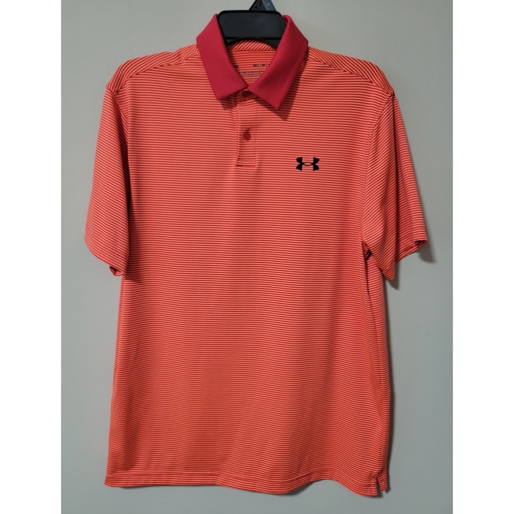 Under Armour Performance Polo Shirt Mens Medium Orange Striped Golf Loose